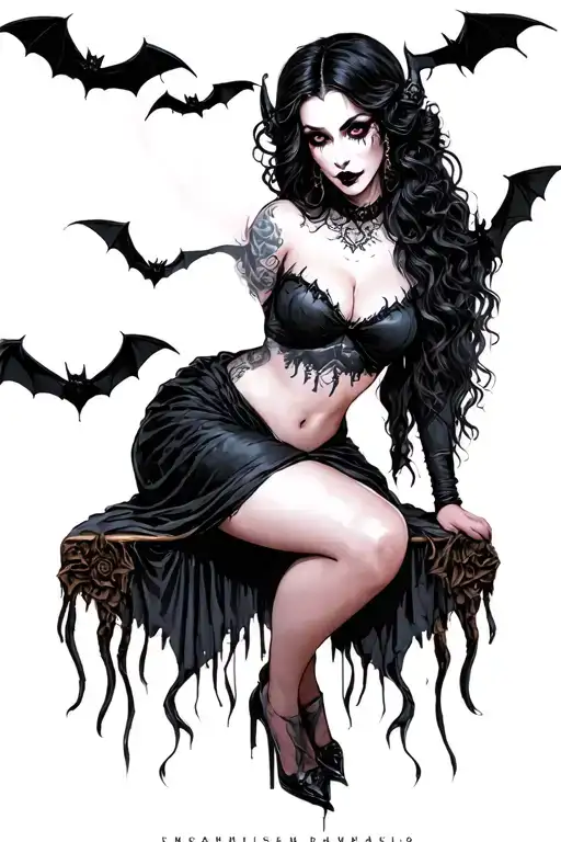 gothic vampire pin up girl with bats  sexy pose tattoo design idea