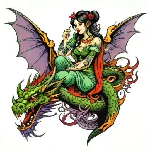 beautiful maiden and dragon combined together with prominent colors of green, violet, red, and black  tattoo design idea