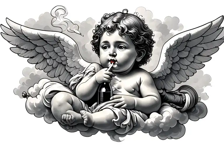 a cherub, relaxing on a cloud, smoking a cigarette & holding a bottle. realism tattoo design idea