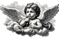 a cherub, relaxing on a cloud, smoking a cigarette & holding a bottle. realism tattoo design idea