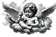 a cherub, relaxing on a cloud, smoking a cigarette & holding a bottle. realism tattoo design idea
