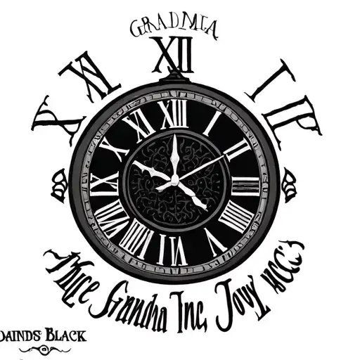 a clock with Roman numerals with the name grandma Joyce  tattoo design idea