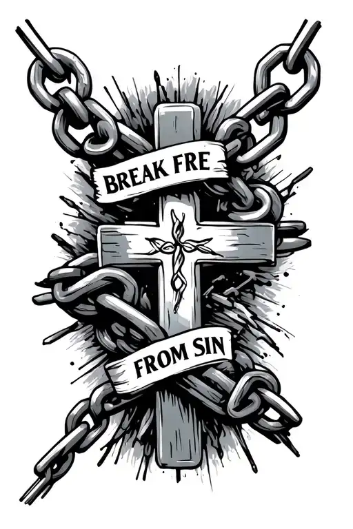 breaking chain with cross in the middle with text saying break free from sin tattoo design idea
