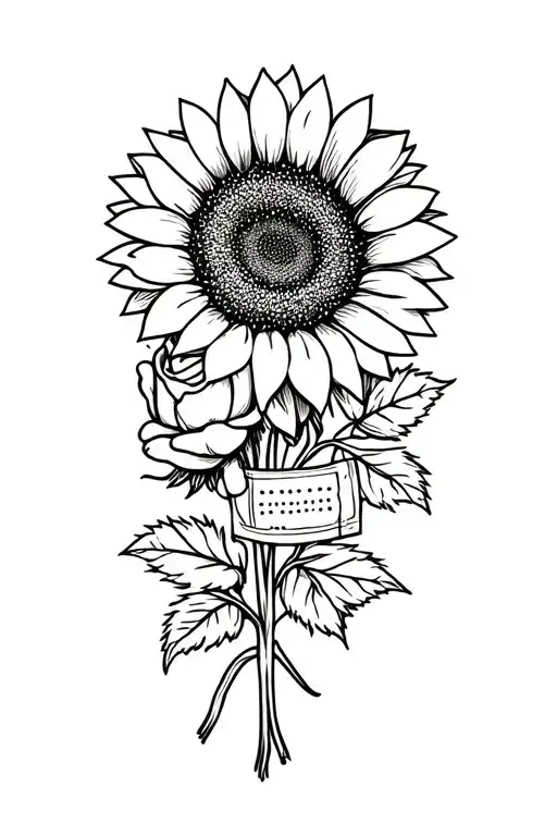 sunflower and rose bouquet held together by a bandaid tattoo design idea