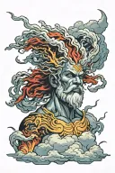 male storm god with clouds and lightning overhead symboliozing power majestic rebirth tattoo design idea