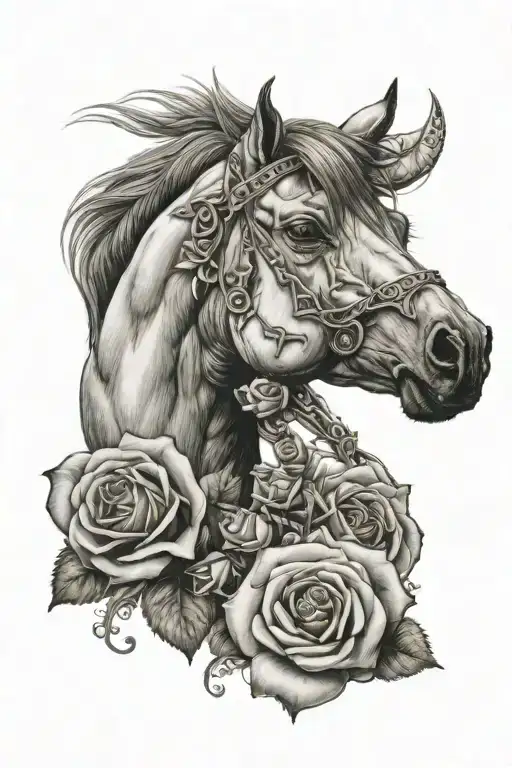 horse head with single rose tattoo design idea