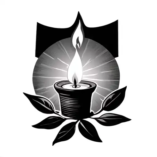 a lit candle stick where the flame becomes a sunrise with an olive branch wrapping around the candlestick tattoo design idea