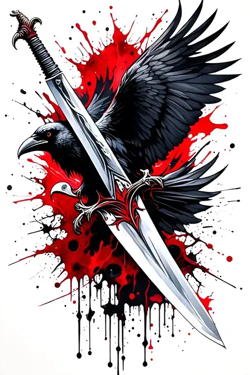 sword and raven flying tattoo design idea