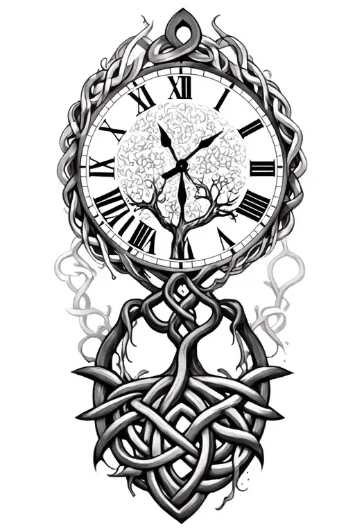 celtic tree of life clock surrounded by celtic knot tattoo design idea