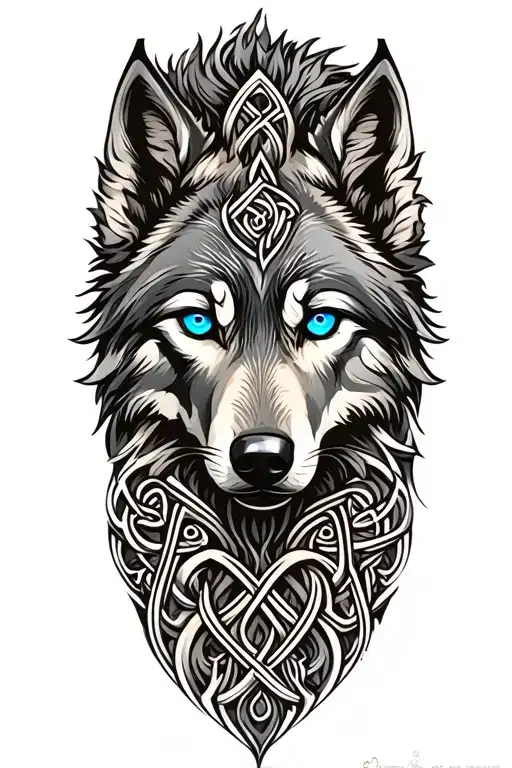 wolf with blue eyes featuring Celtic trinity knot  tattoo design idea