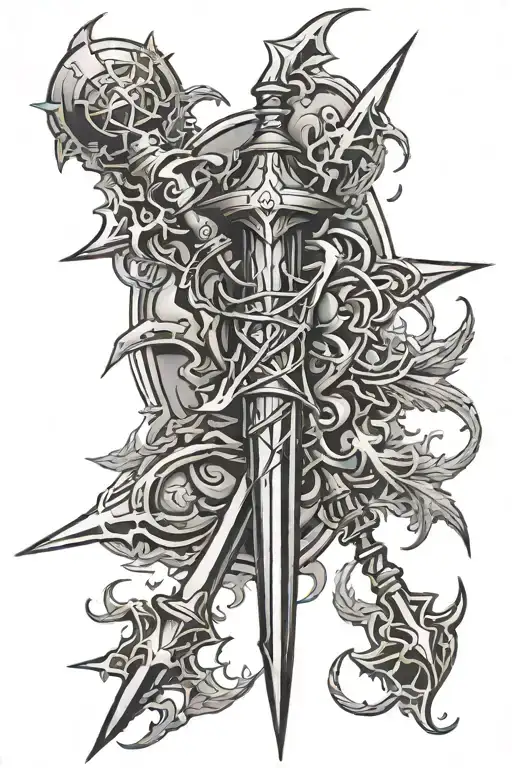 lightning bolt, scepter, trident clashing tattoo design idea