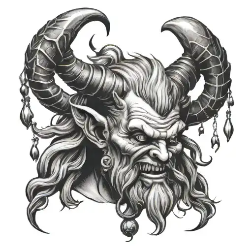 split tongone old man krampus demon with bells worn tattoo design idea