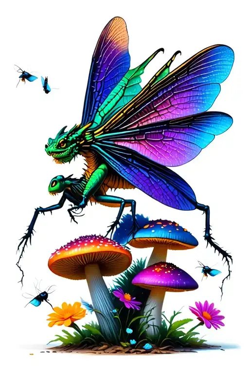 green, purple, and blue dragon fly perched on a group of psychedelic mushrooms with flowers and lightning bugs tattoo design idea