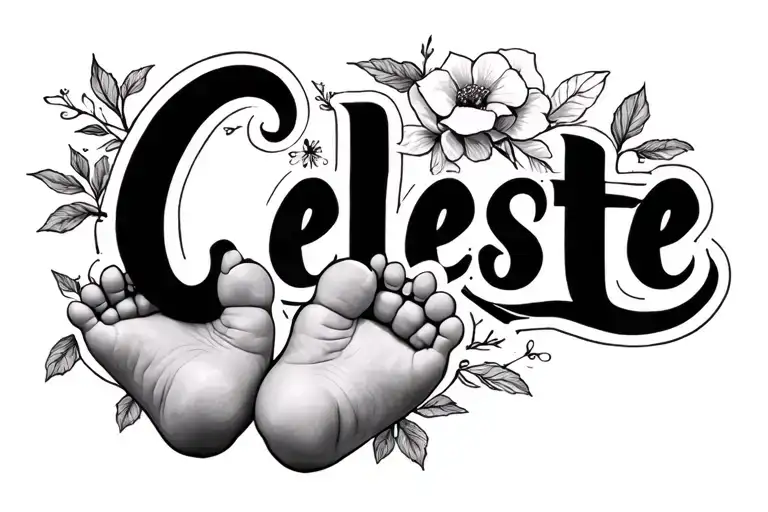 write "Celeste" with two feet born baby girl tattoo design idea