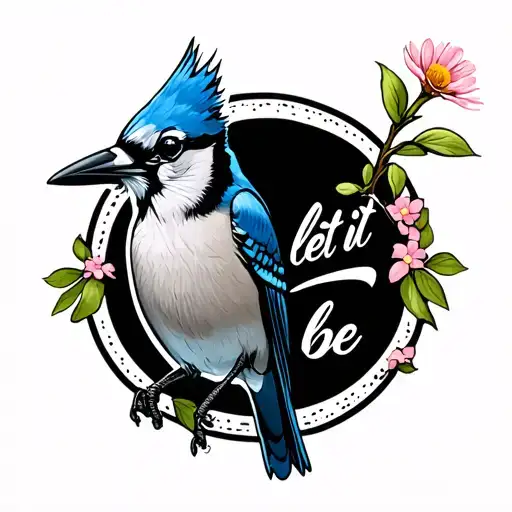 A blue jay holding the stem of a flower in its mouth and the stem says “let it be” in cursive tattoo design idea