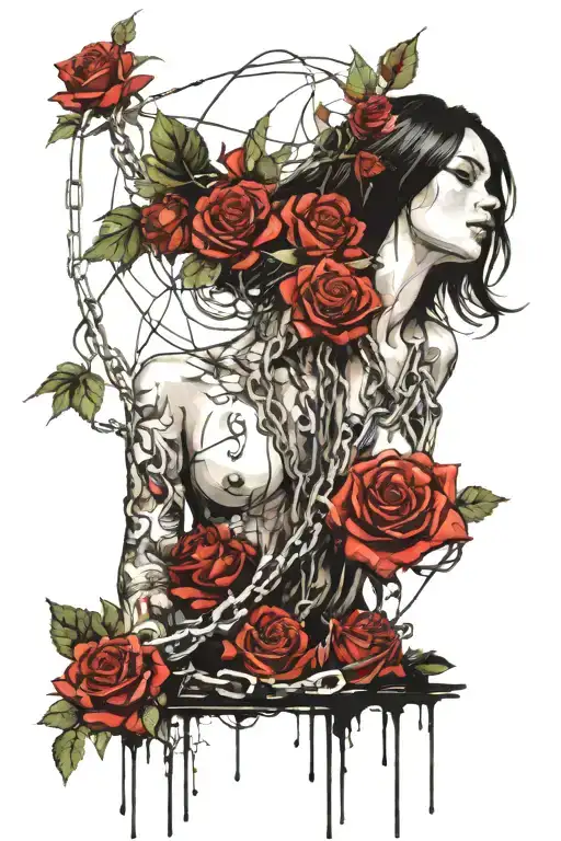Naked girl, roots growing out of chains, roses tattoo design idea