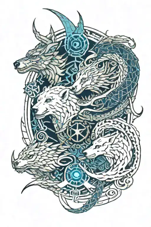 silver and saphire trident, dragon on the right, polar bear on the left, blue waves tattoo design idea