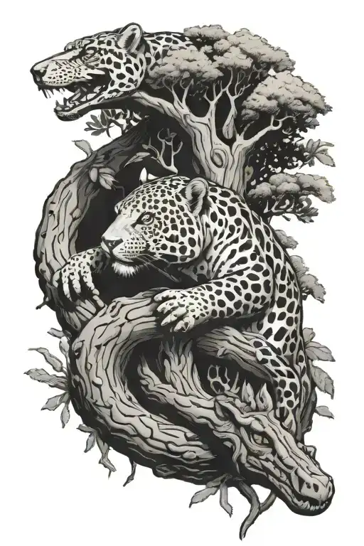 jaguar in a tree with an alligator in swamp tattoo design idea