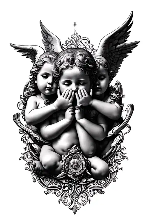 "a tattoo of 3 cupids with see no evil hear no evil speak no evil and filigree background" tattoo design idea