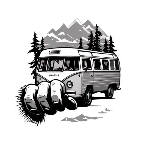 Crooked finger pointing towards the road less traveled campervan and adventure traveling vibes tattoo design idea