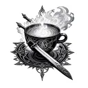 full metal alchemist transmutation circle in the steam , japanese tea cup, vinland saga dagger that Thorfinn tattoo design idea