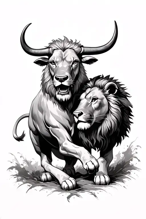 a lion and a Spanish taurus bull In battle. tattoo design idea