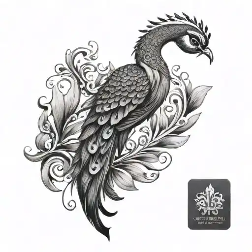 Sternum tattoo of an elegant peacock, downward curved feathers follow the breast, refined details tattoo design idea