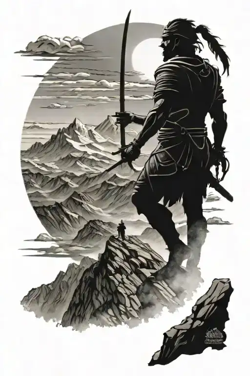 A silhouette of a warrior after a battle standing on a mountain peak, holding a sword, gazing into the sky. tattoo design idea