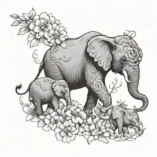April birth flower with 4 elephants tattoo design idea