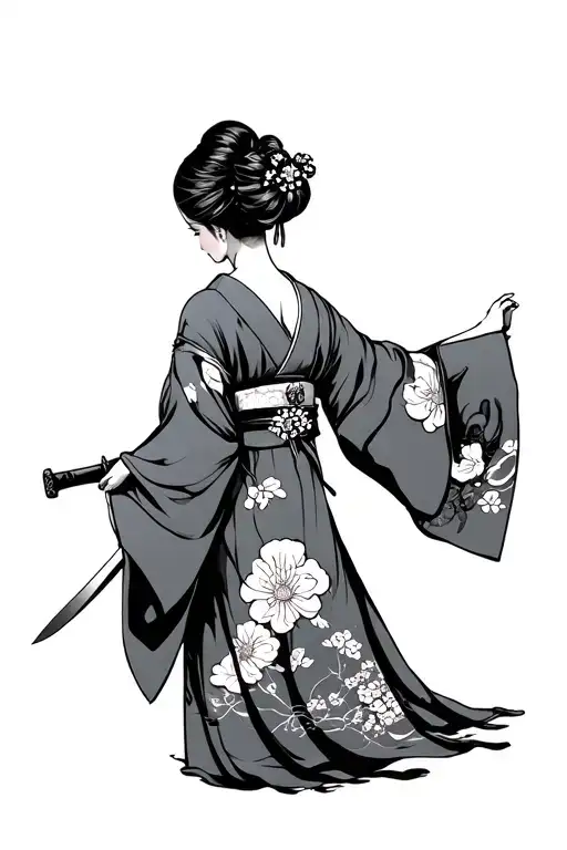 japanese women wearing yukata furisode, turning her back to the background whild holding knife  tattoo design idea