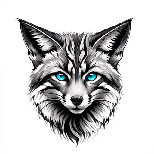 Realistic fox or lynx forearm tattoo, black and gray with subtle color accents (like blue or amber eyes), feminine and m tattoo design idea