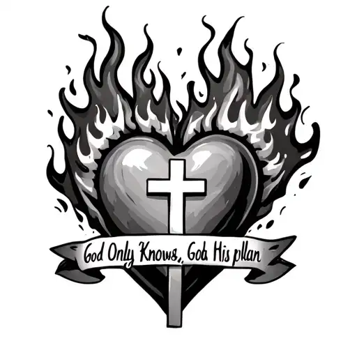A heart on fire with a cross running through the bottom and top with the quote "God Only Knows, God Makes His plan" tattoo design idea
