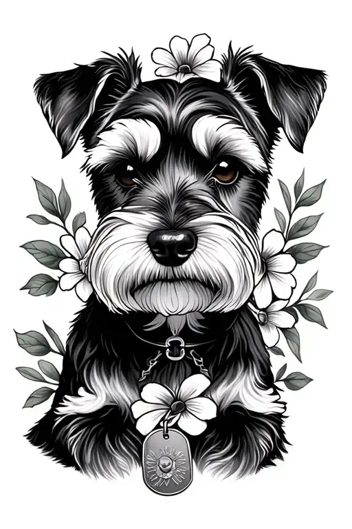 miniature schnauzer dog up right ears with flowers intertwined and dog tag with ceasar tattoo design idea
