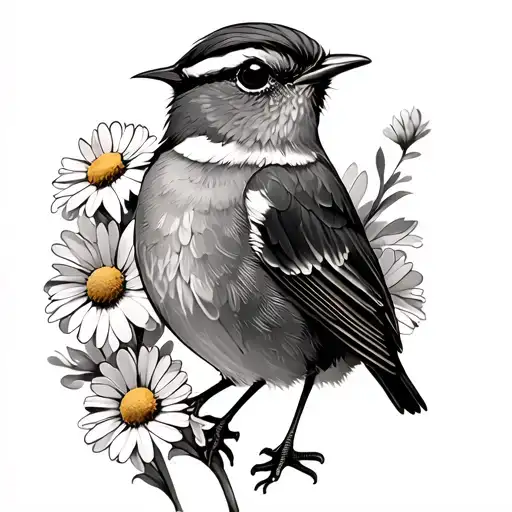 wren bird with daisies tattoo design idea