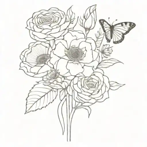 bouquet including an English rose, Cala Lily, daisy, Olive leaf, sunflower, artichoke flower and a butterfly tattoo design idea