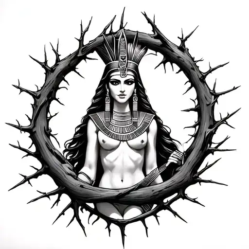 semi-naked Egyptian goddess trapped in thorns wrapped tattoo design idea