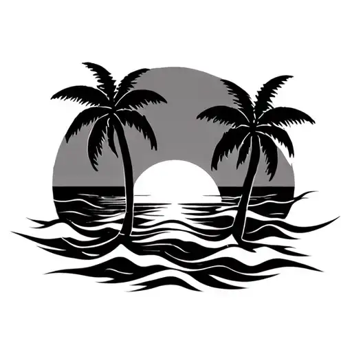 rising sun with palm trees silhouette over waves tattoo design idea