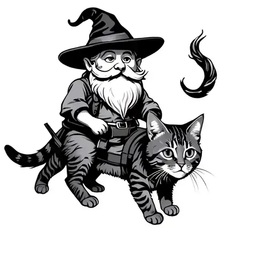 gnome wearing a hat riding a cat wearing a harness tattoo design idea