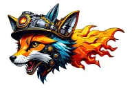 Mechanical Steampunk Robotic Fox head made with battery elements. Wearing a firefigher helmet. Multi-color tattoo design idea