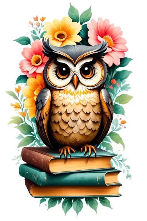 cute owl sitting on stack of antique books with flowers in background tattoo design idea