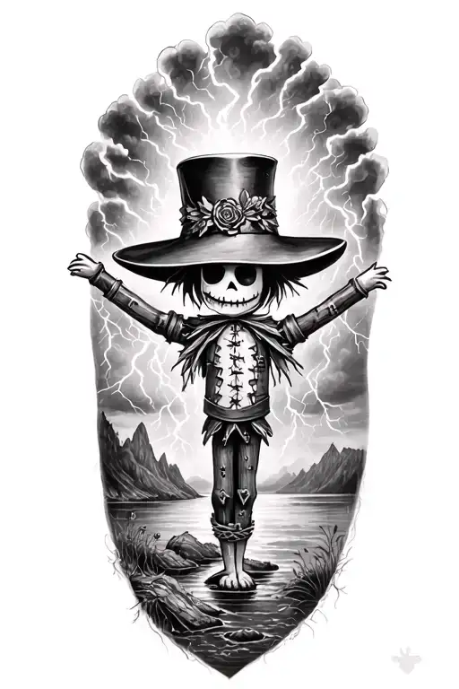 voodoo doll with cylinder hat and lightining storm and fjord and nature tattoo design idea