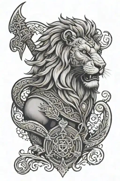 viking lion and castel behind tattoo design idea
