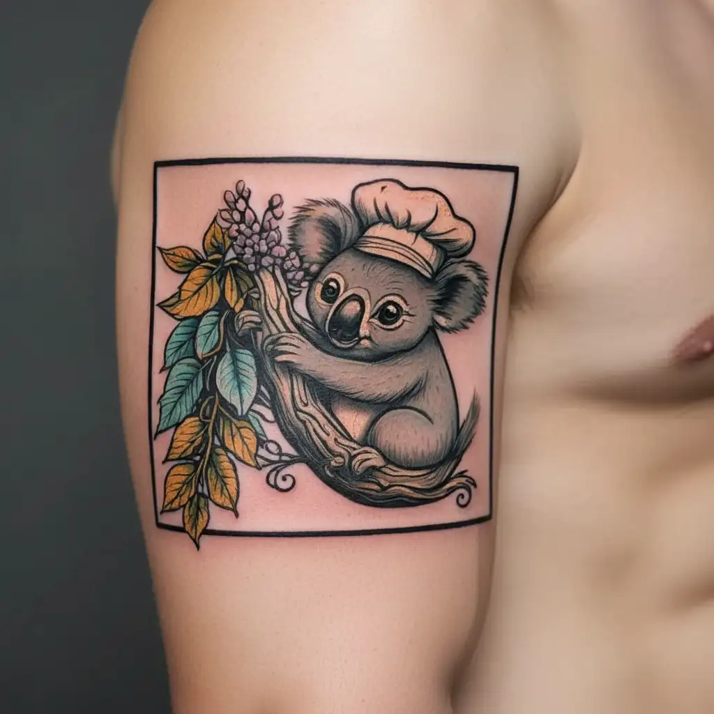 Koala with a chef hat hugging a tree tattoo design idea