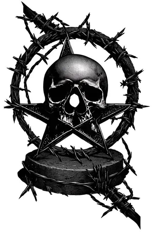 Pentagram in a circle, in the background skull with barbed wire tattoo design idea