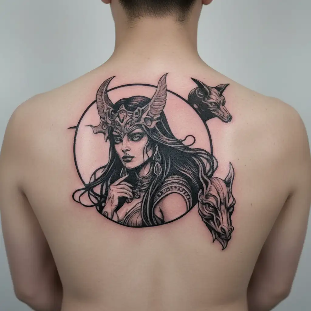 hecate goddess with masks tattoo design idea