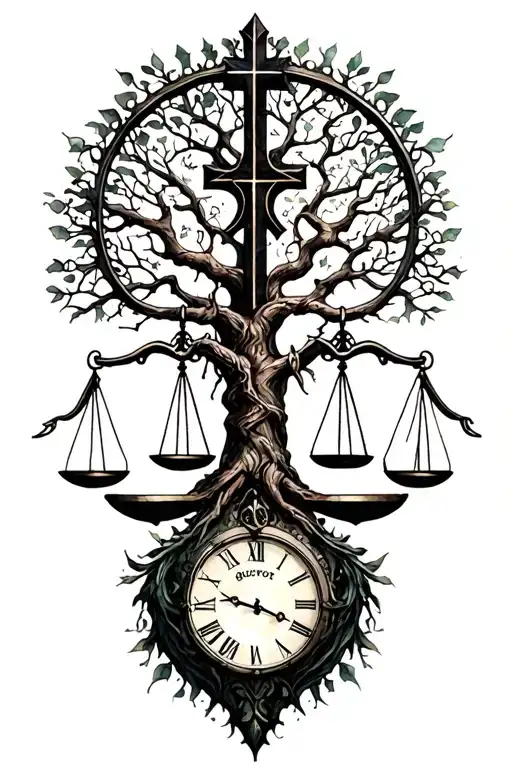 "McCullough  Robbs " "McCullough  Robbs " "McCullough  Robbs " gothic tree of life intertwined with cross, libra scales and a clock  tattoo design idea