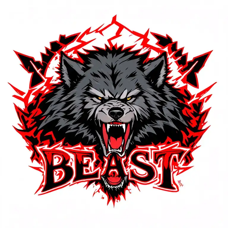 red howling werewolf with the word "BEAST" surrounded by red lightning tattoo design idea