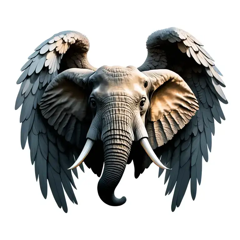 elephant head with angel wings spread tattoo design idea