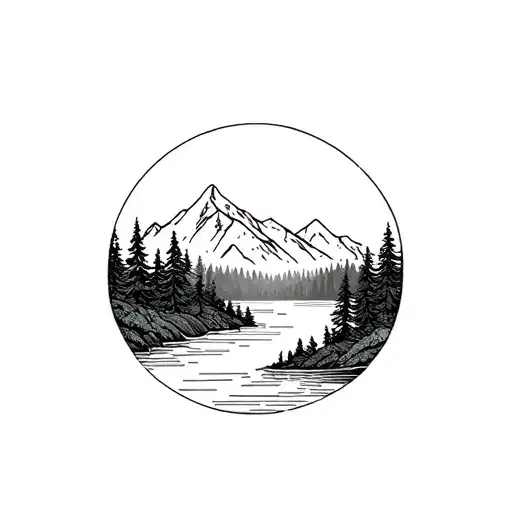forest and mountain with river contained within a circle tattoo design idea