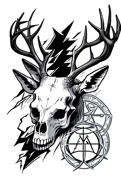 lightning with deer skull and Gemini sign filling in the gaps sleeve tattoo design idea